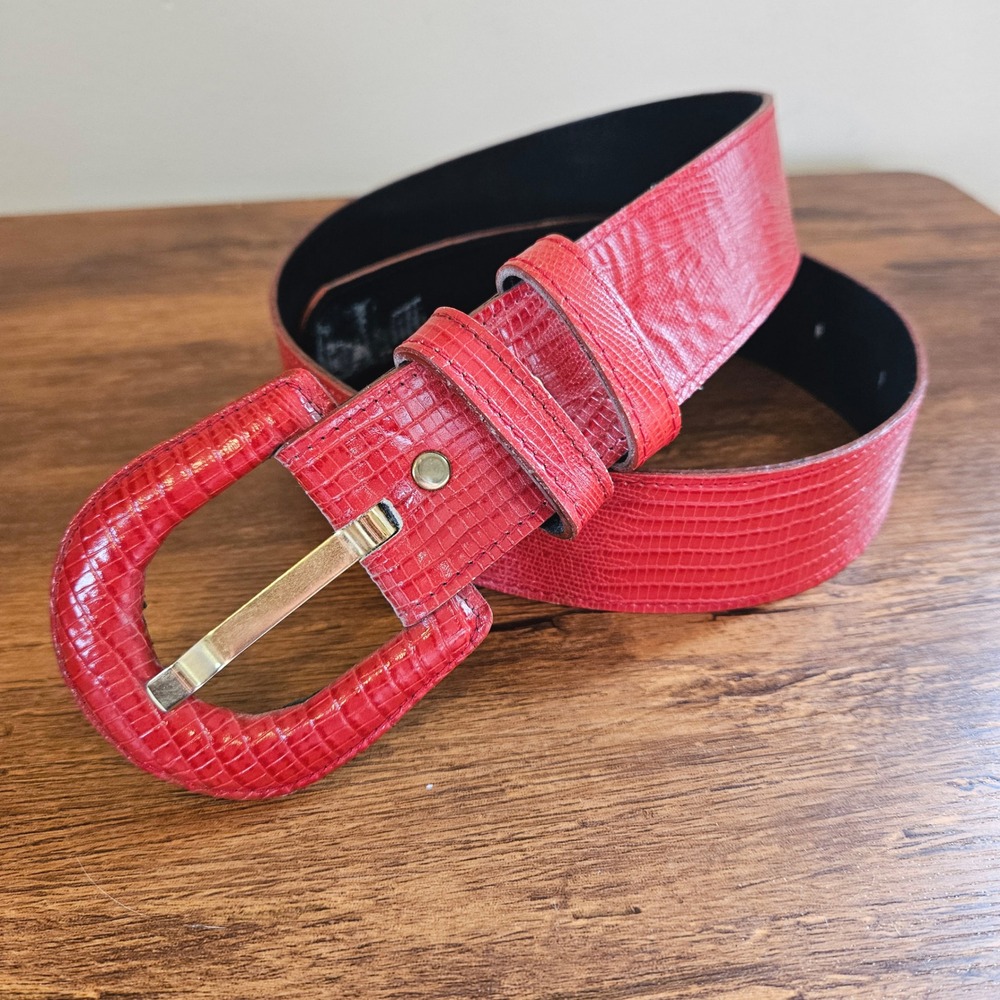 Vtg Patricia Green Red Faux Lizard Skin Belt USA Made Covered‎ Buckle M 80s 90s